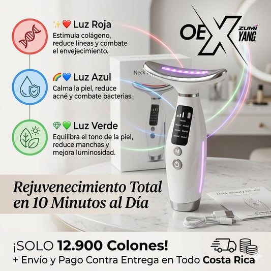 OEX Masajeador Facial LED Rejuvenecedor | Terapia de Luz Roja, Azul y Verde